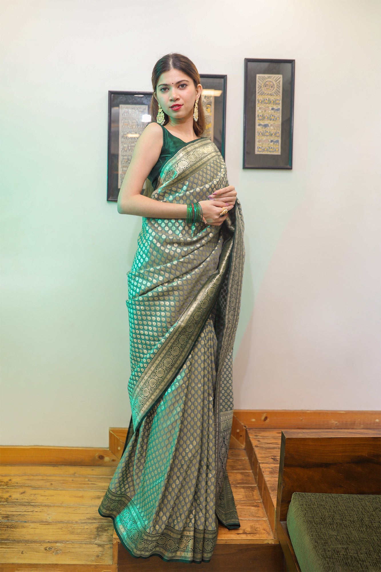 Rama Green and Cyan Katan Silk Saree