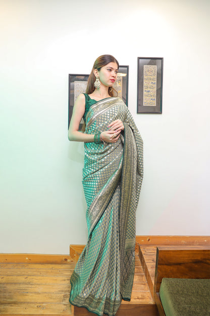 Rama Green and Cyan Katan Silk Saree