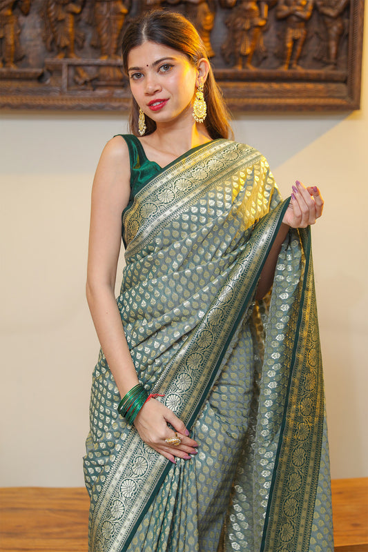 Rama Green and Cyan Katan Silk Saree