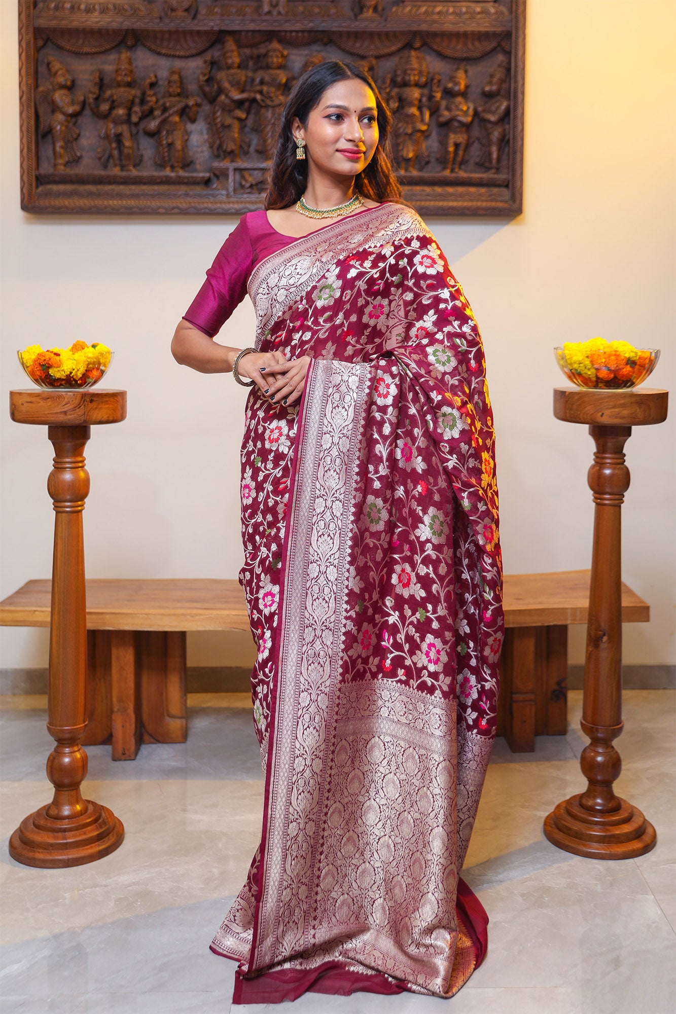 Wine Georgette Silk Saree