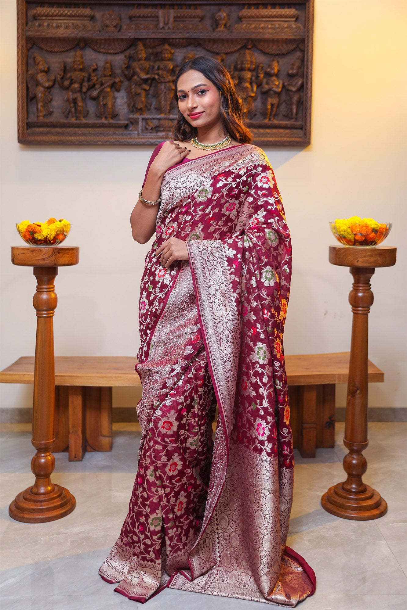 Wine Georgette Silk Saree