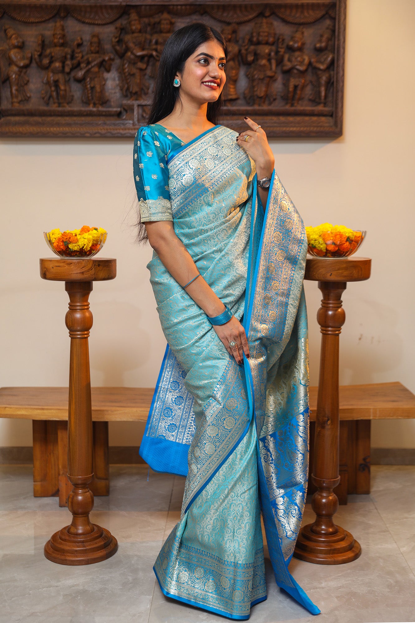 Sky Blue and Peacock Blue Katan Satin Silk Saree