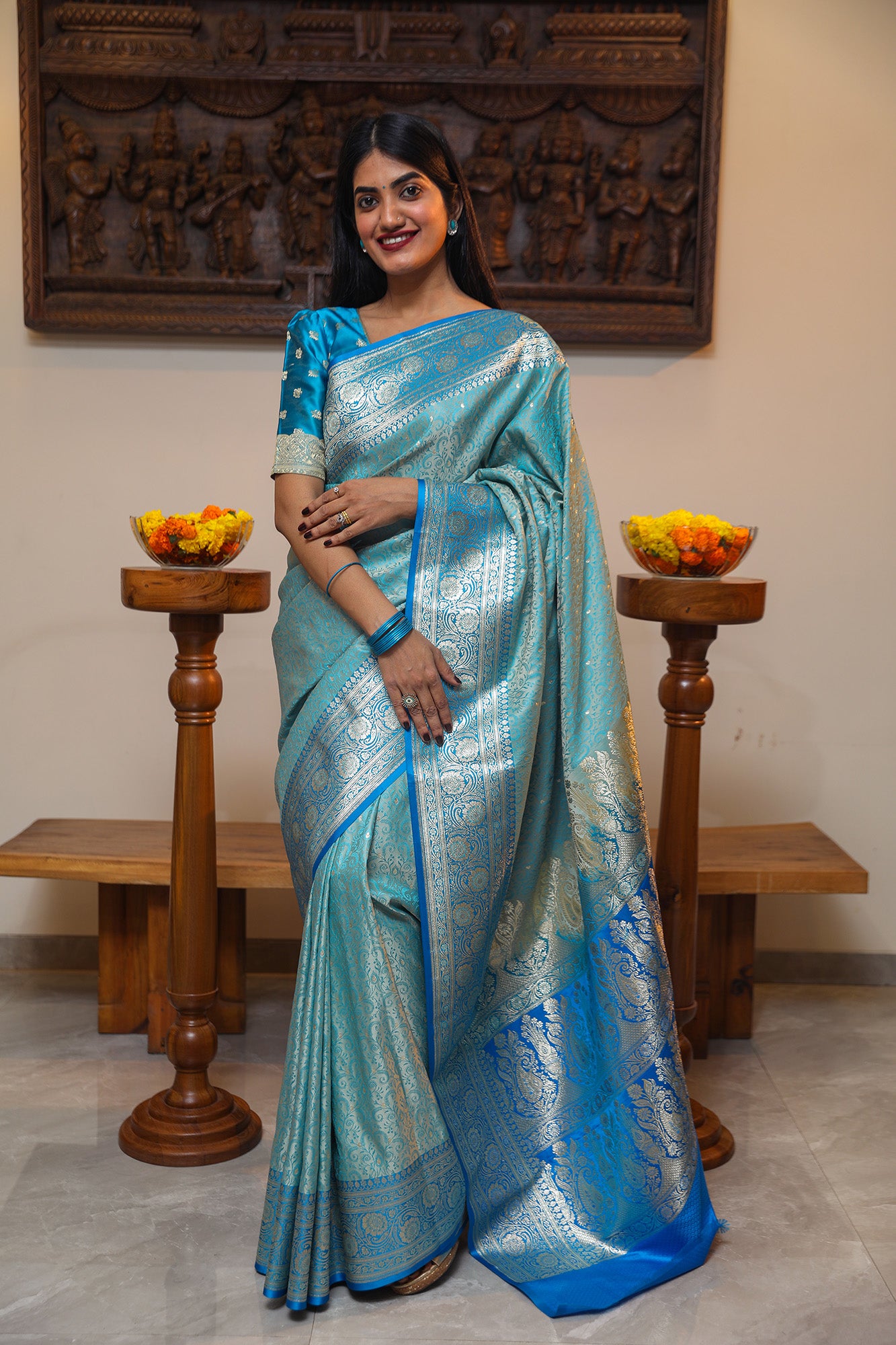 Sky Blue and Peacock Blue Katan Satin Silk Saree