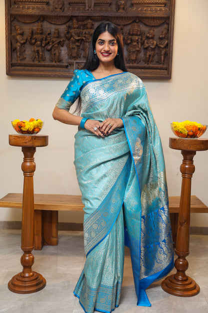 Sky Blue and Peacock Blue Katan Satin Silk Saree