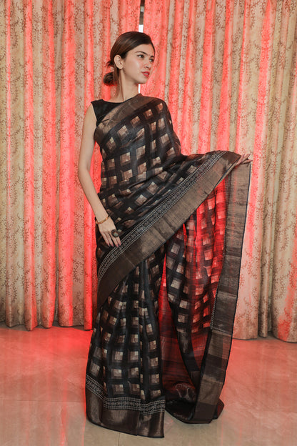 Black Tussar Handwoven Saree