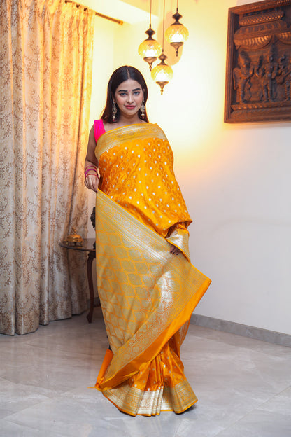 Mustard Yellow Jamdani Banarasi Satin Silk Saree