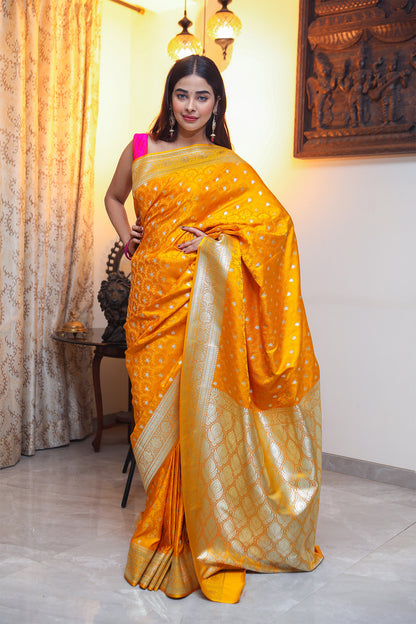 Mustard Yellow Jamdani Banarasi Satin Silk Saree