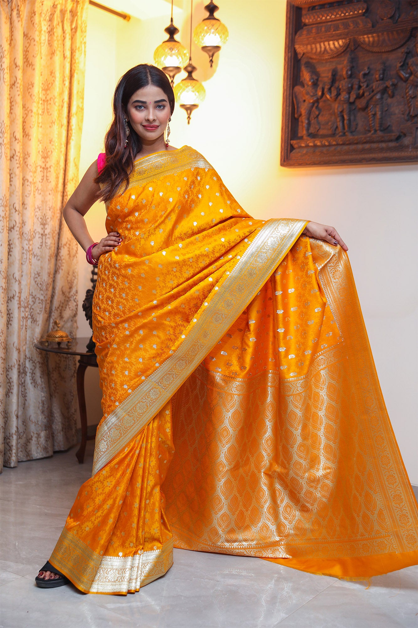 Mustard Yellow Jamdani Banarasi Satin Silk Saree