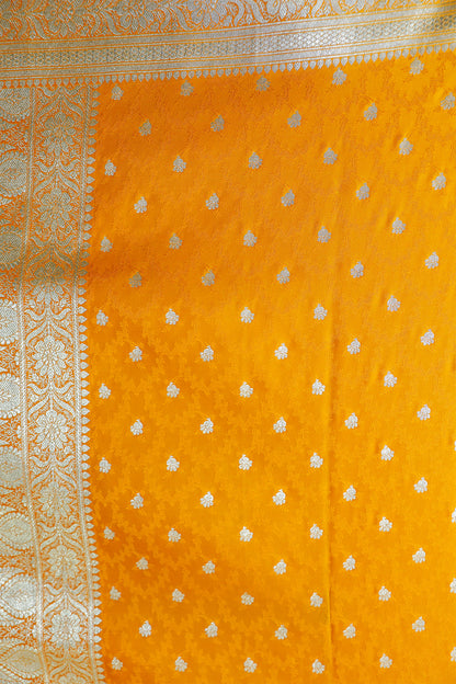 Mustard Yellow Jamdani Banarasi Satin Silk Saree