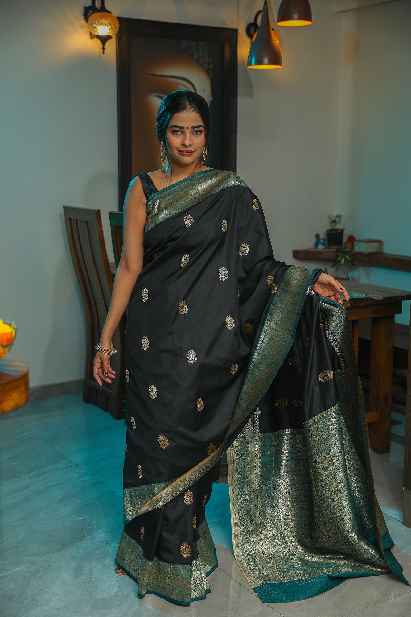 Black and Rama Green Mulberry Silk Saree