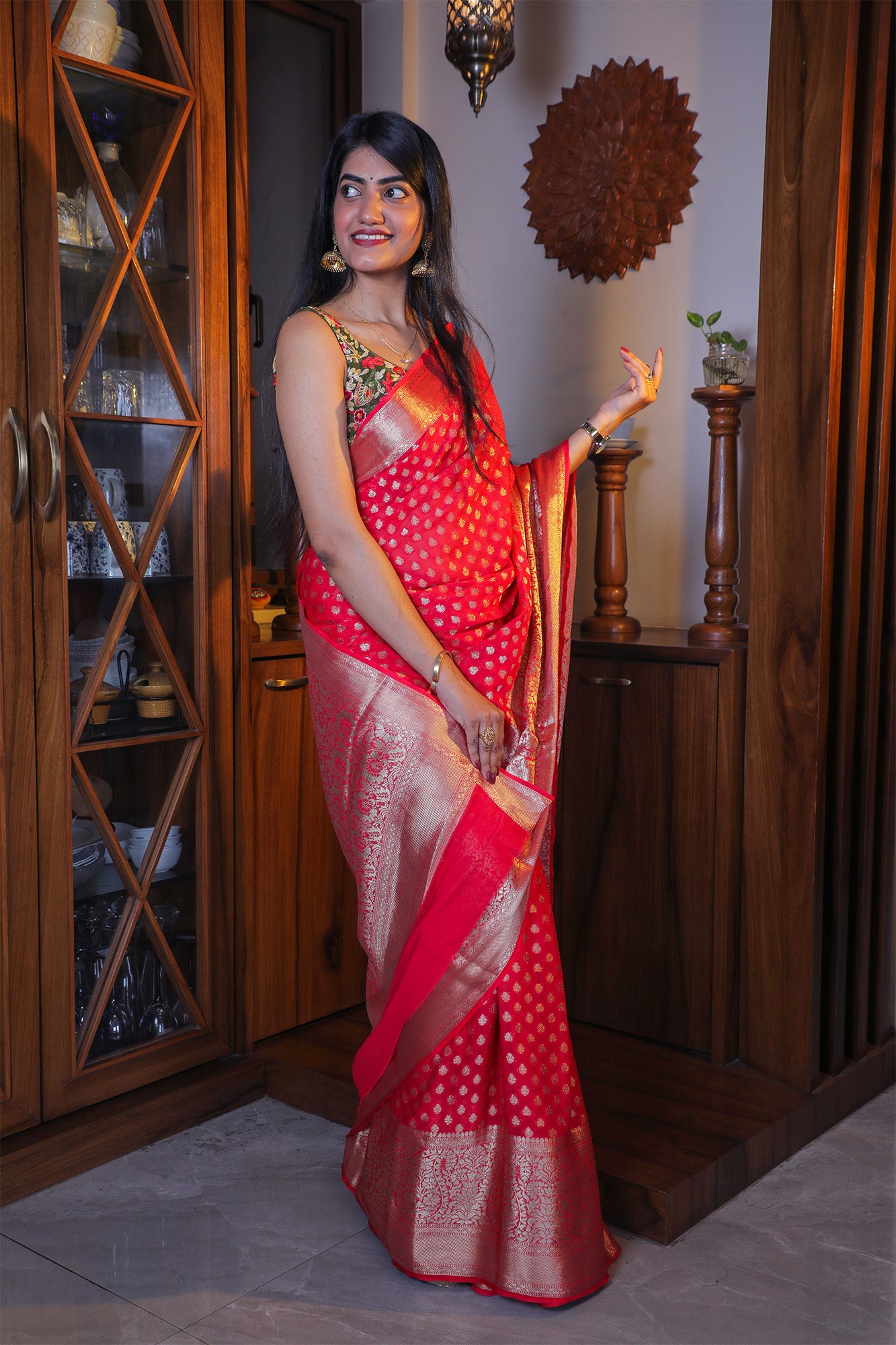 Peach Pink Butti Georgette Saree