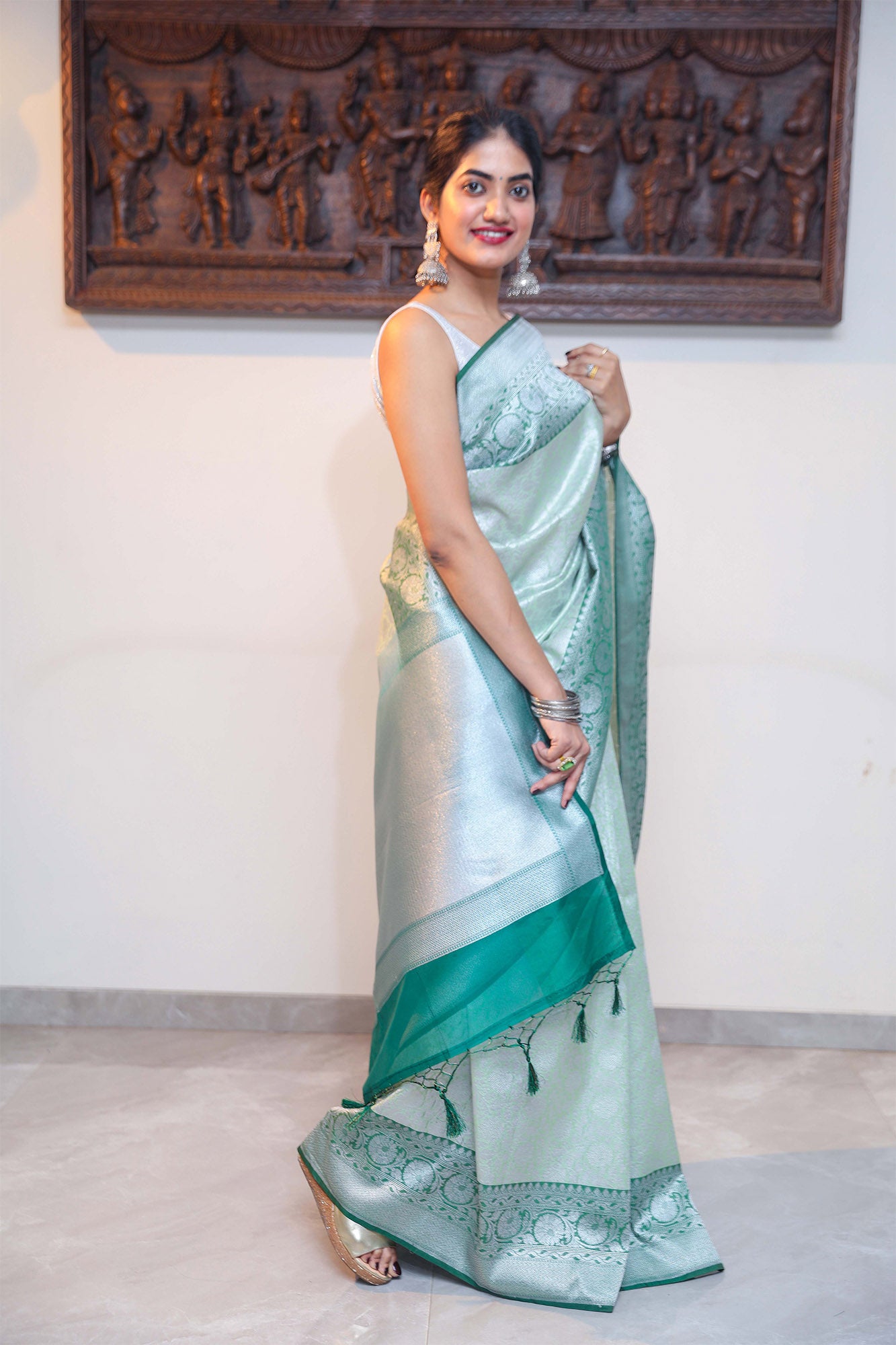 Pista Green and Dark Green Pashmina Kora Silk Saree