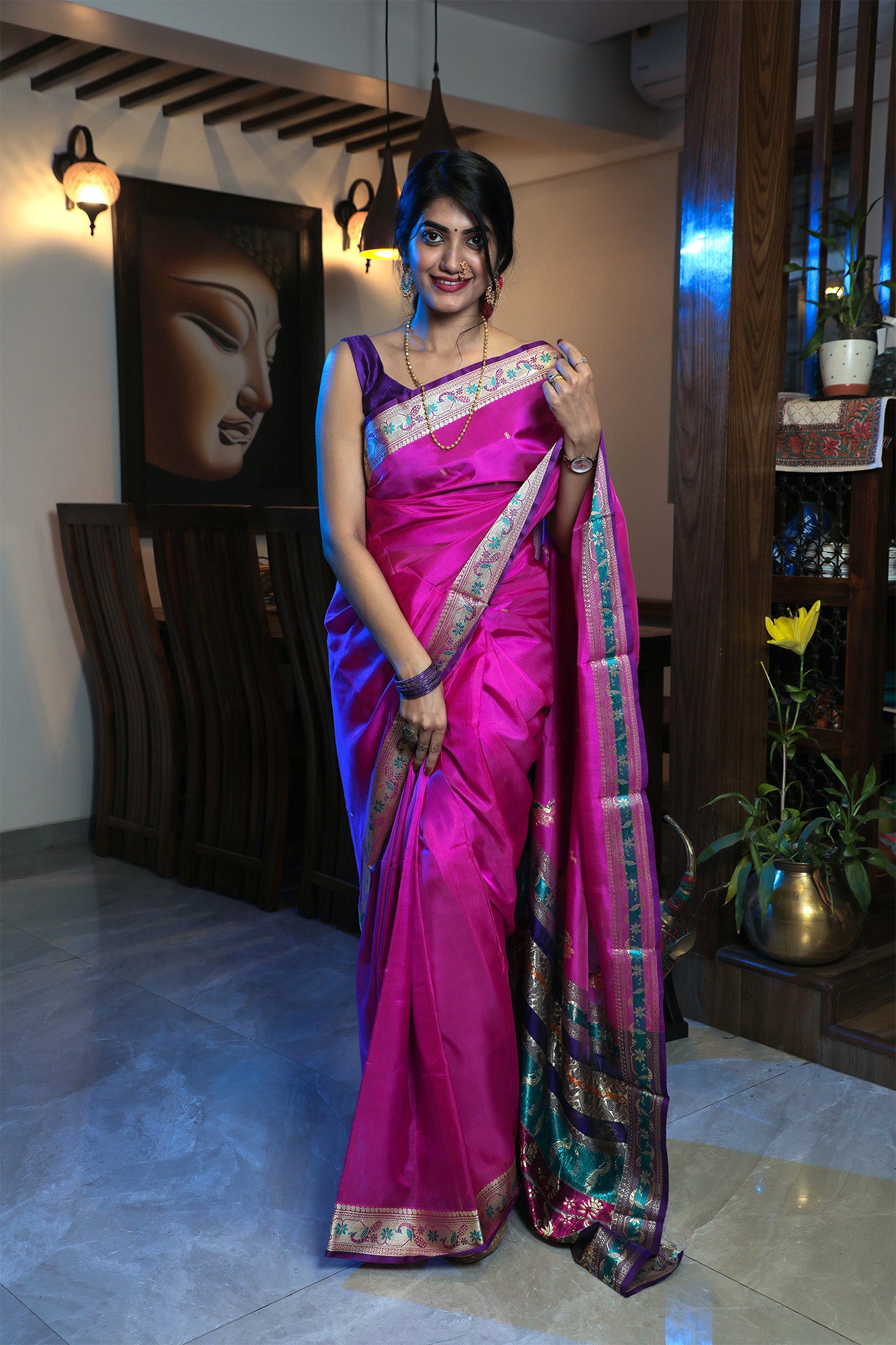 Pink and Blue Peshwai Handcrafted Saree