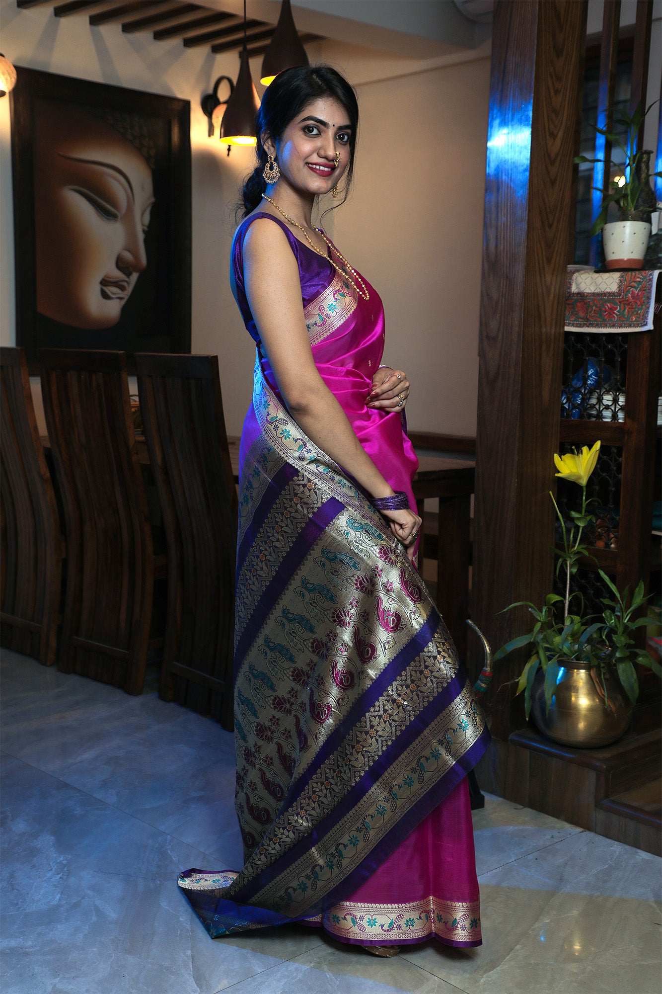 Pink and Blue Peshwai Handcrafted Saree