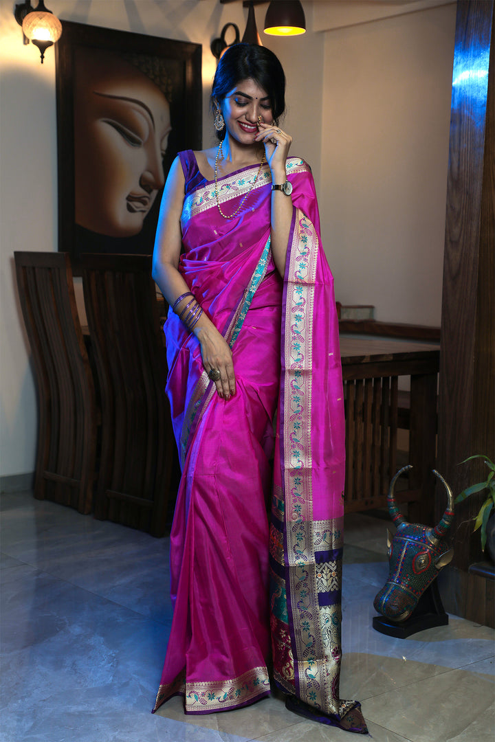 Pink and Blue Peshwai Handcrafted Saree