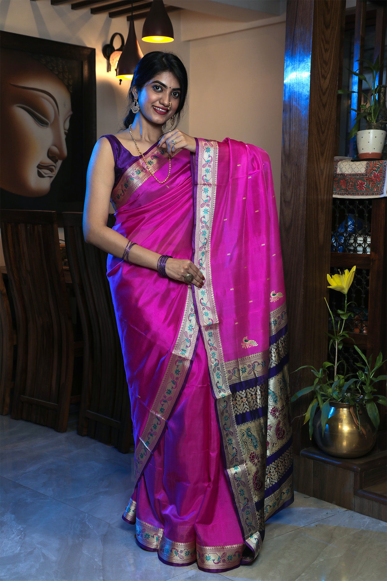 Pink and Blue Peshwai Handcrafted Saree