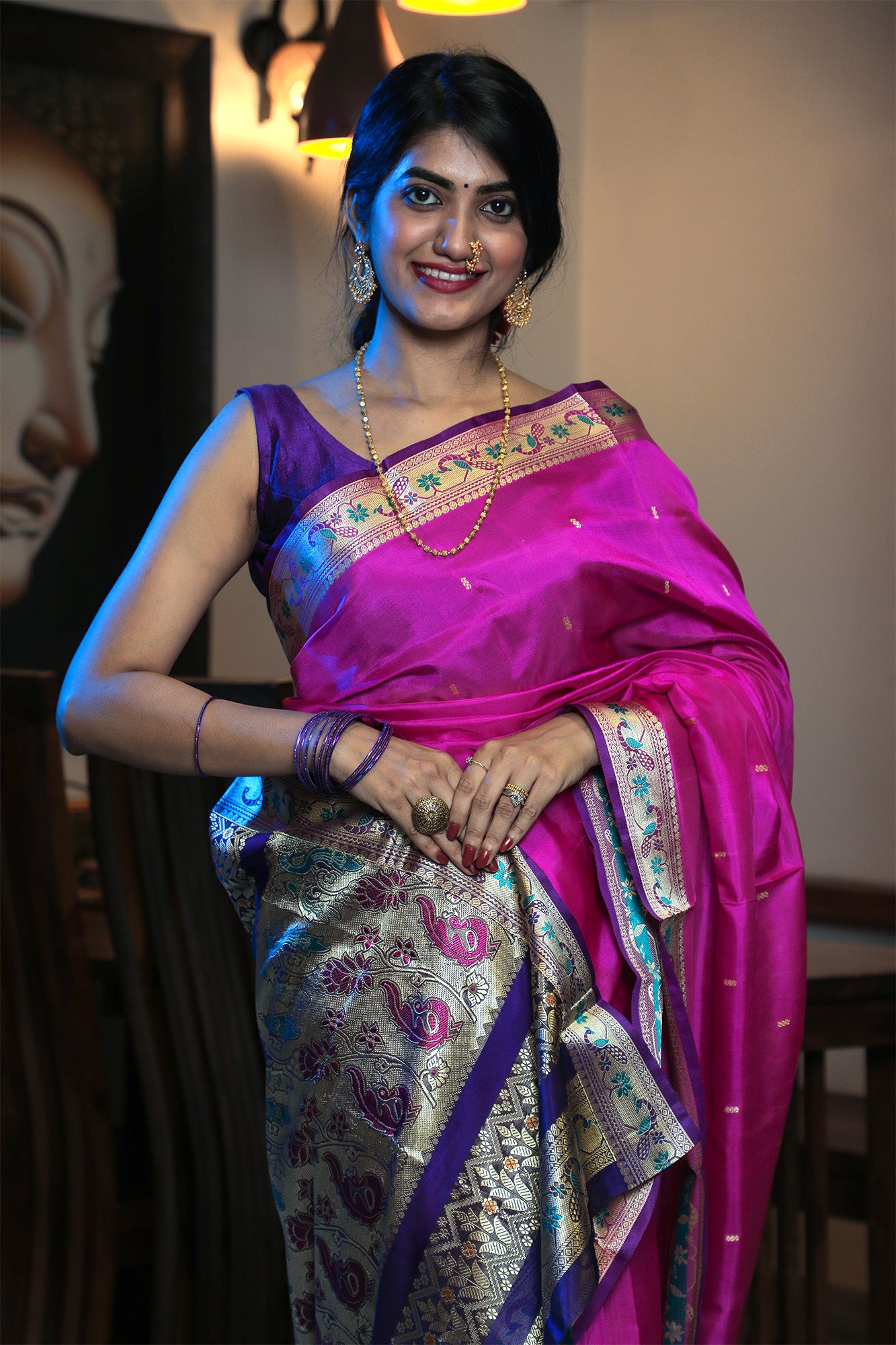 Pink and Blue Peshwai Handcrafted Saree