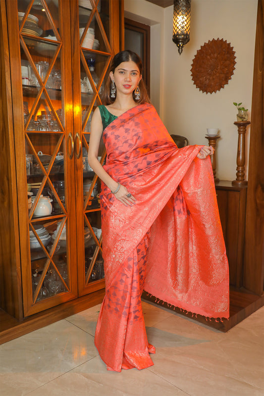 Peach Pink and Grey Silk Saree