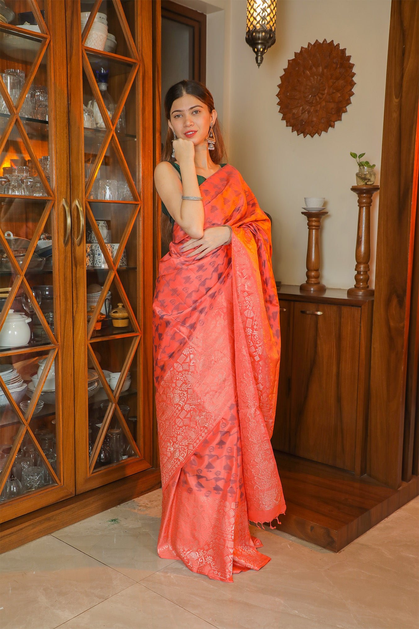 Peach Pink and Grey Silk Saree