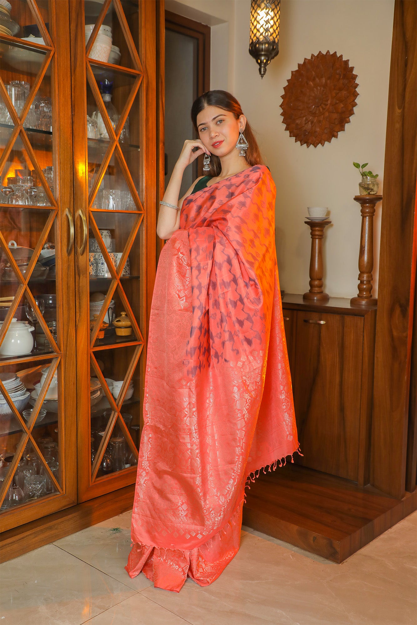 Peach Pink and Grey Silk Saree