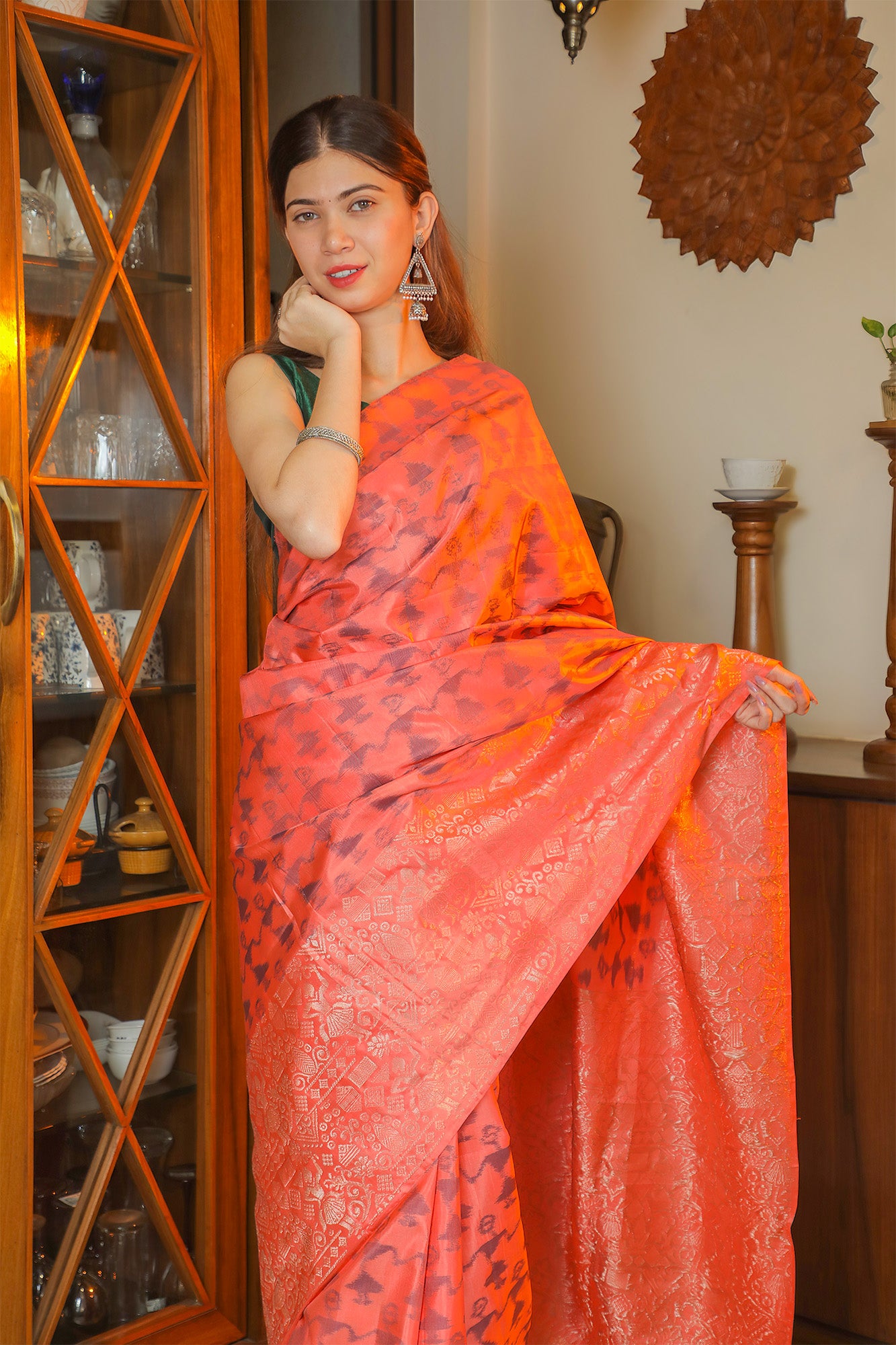 Peach Pink and Grey Silk Saree