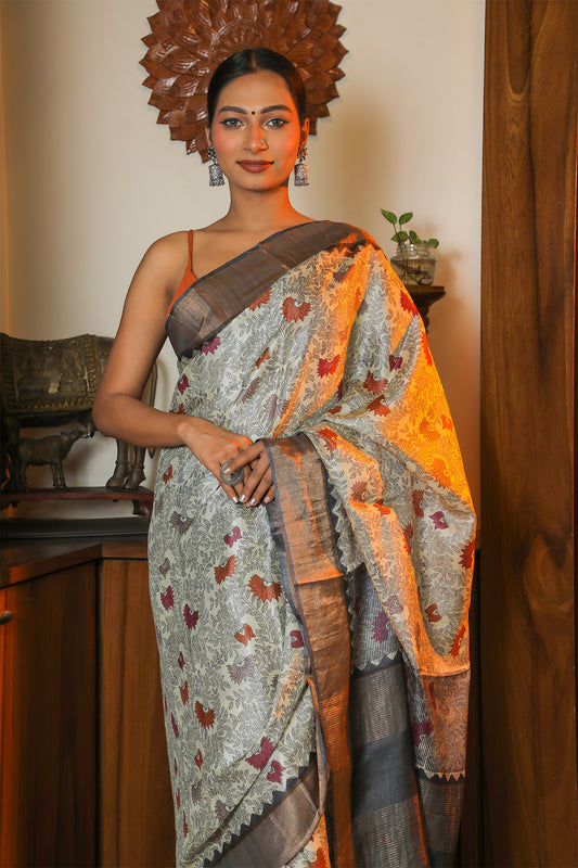 Cream and Black Handcrafted Saree