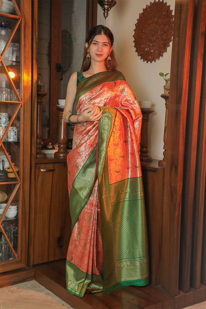 Green & Light Brown Paithani Tissue Saree