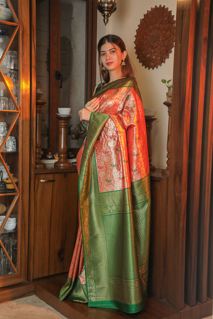 Green & Light Brown Paithani Tissue Saree