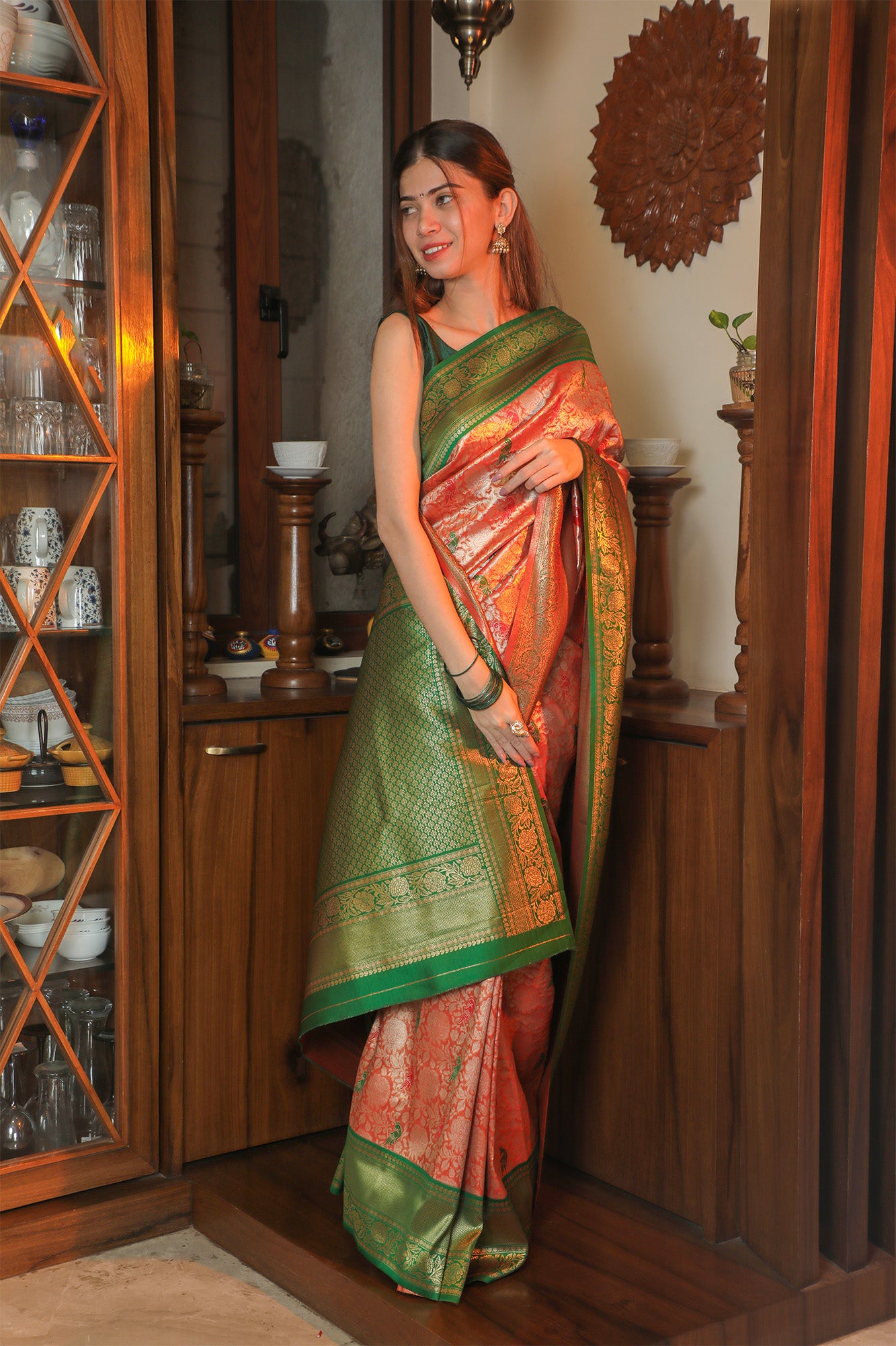 Green & Light Brown Paithani Tissue Saree