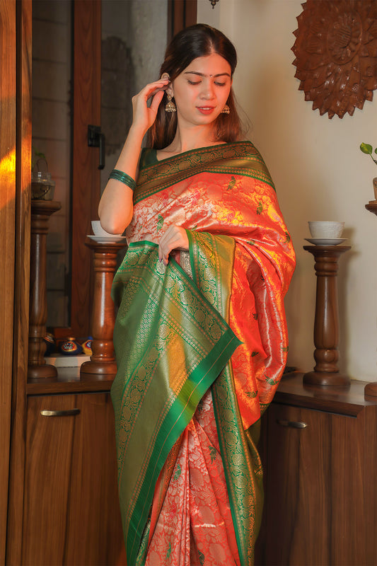 Green & Light Brown Paithani Tissue Saree