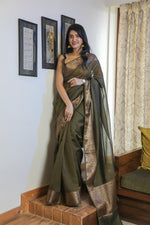 Load image into Gallery viewer, Mehndi green Chanderi Cotton Silk Saree
