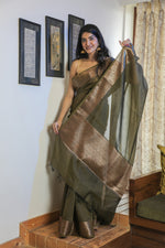Load image into Gallery viewer, Mehndi green Chanderi Cotton Silk Saree
