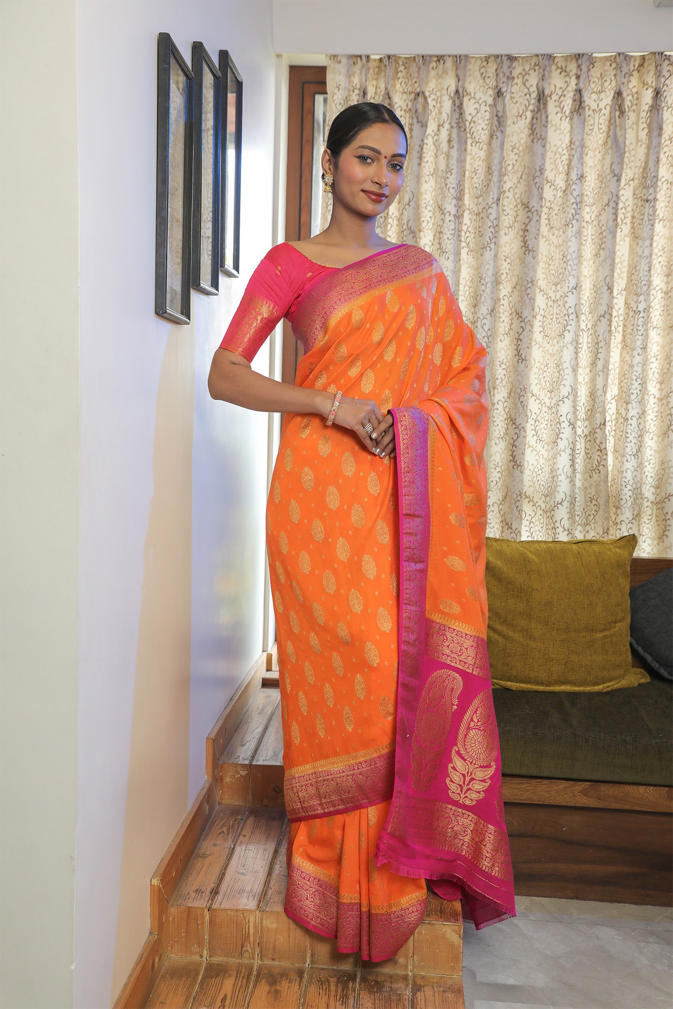 Saffron Georgette Zari Saree