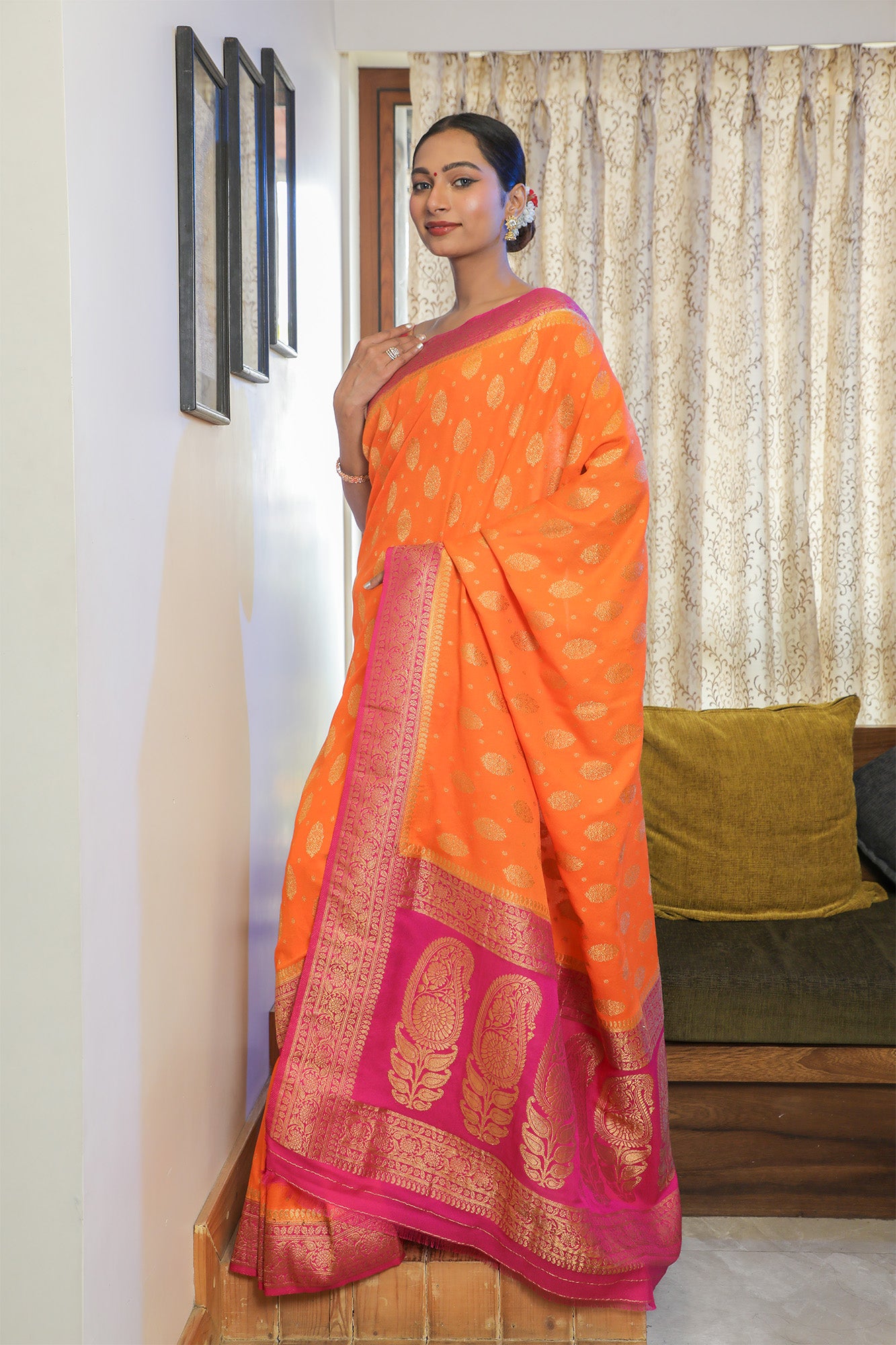 Saffron Georgette Zari Saree