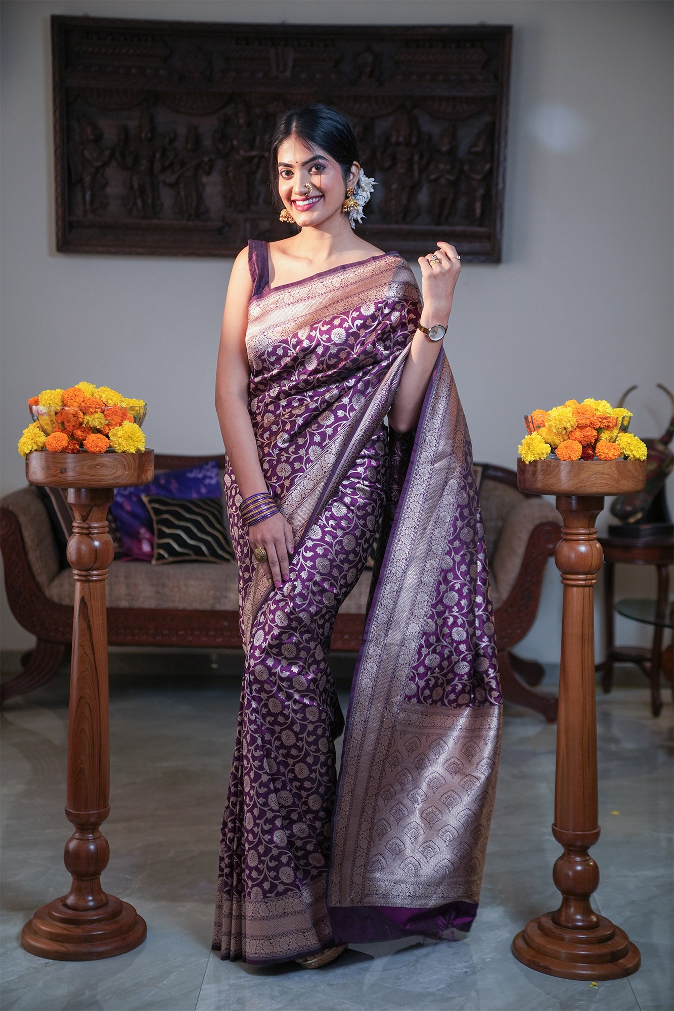 Purple Banarasi Katan Silk Saree with Jangla Pattern