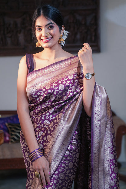 Purple Banarasi Katan Silk Saree with Jangla Pattern