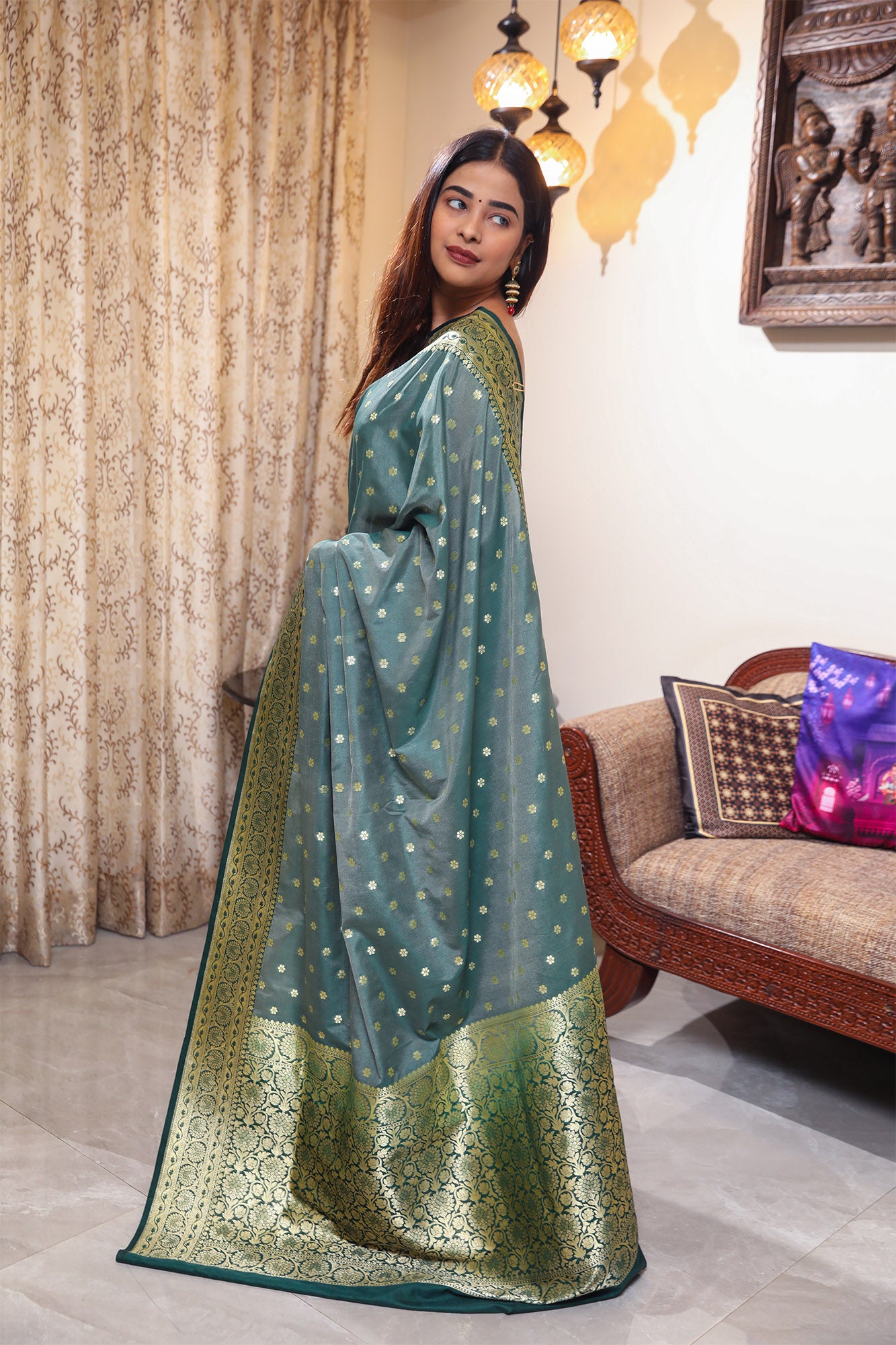 Green and Olive Green Katan Banarasi Silk Saree