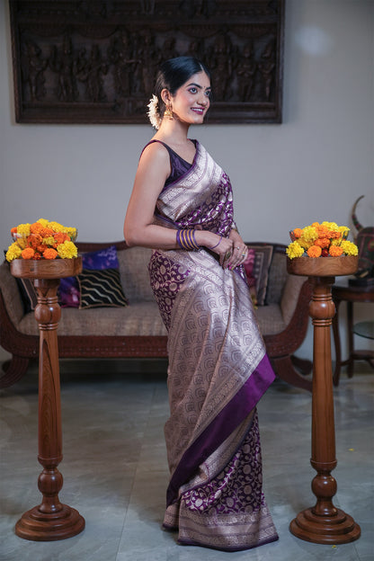 Purple Banarasi Katan Silk Saree with Jangla Pattern