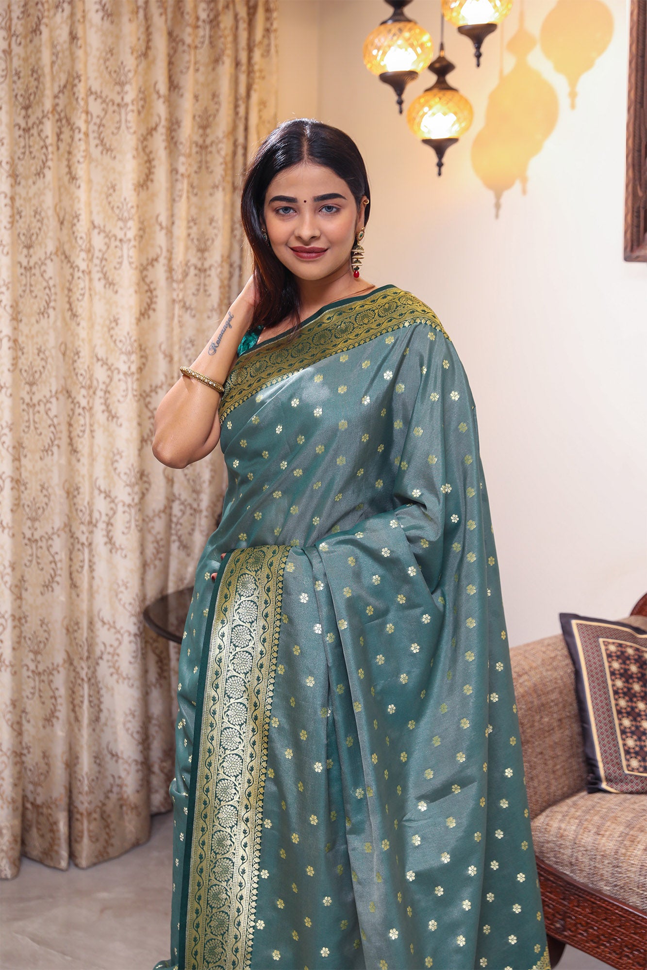 Green and Olive Green Katan Banarasi Silk Saree