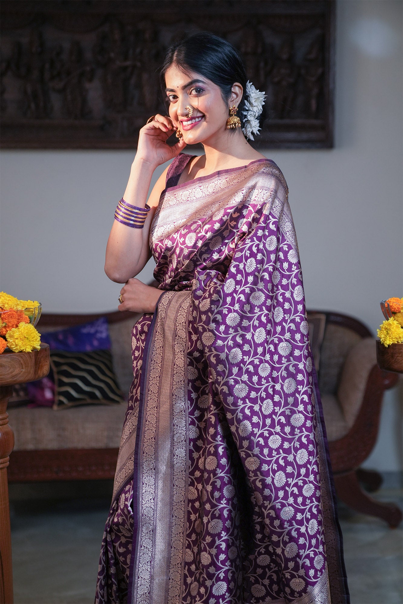 Purple Banarasi Katan Silk Saree with Jangla Pattern