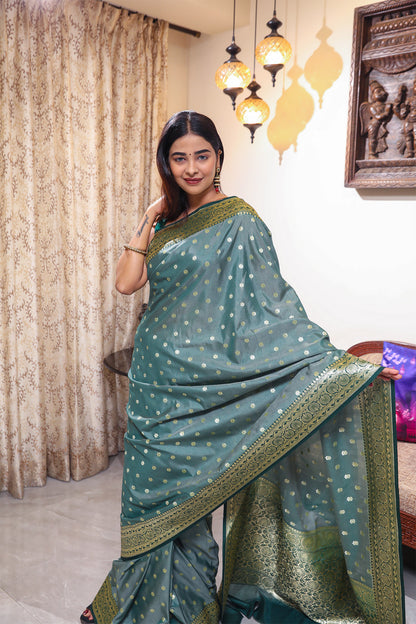 Green and Olive Green Katan Banarasi Silk Saree