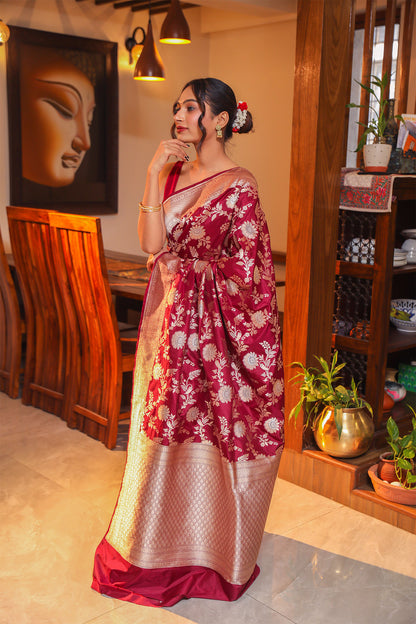 Burnt Maroon Katan Banarasi Silk Saree