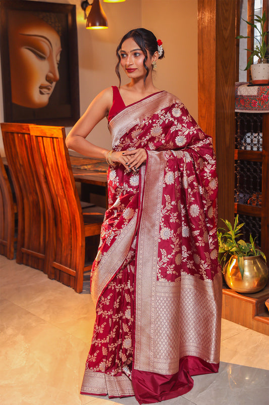 Burnt Maroon Katan Banarasi Silk Saree