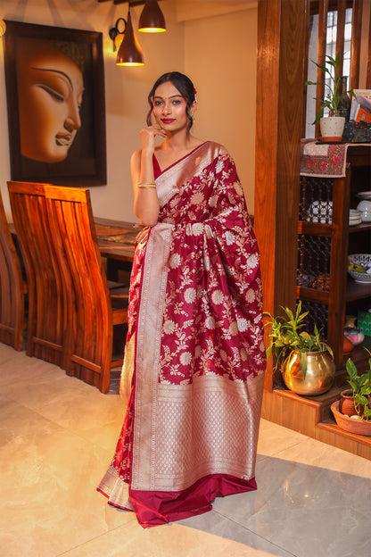 Burnt Maroon Katan Banarasi Silk Saree