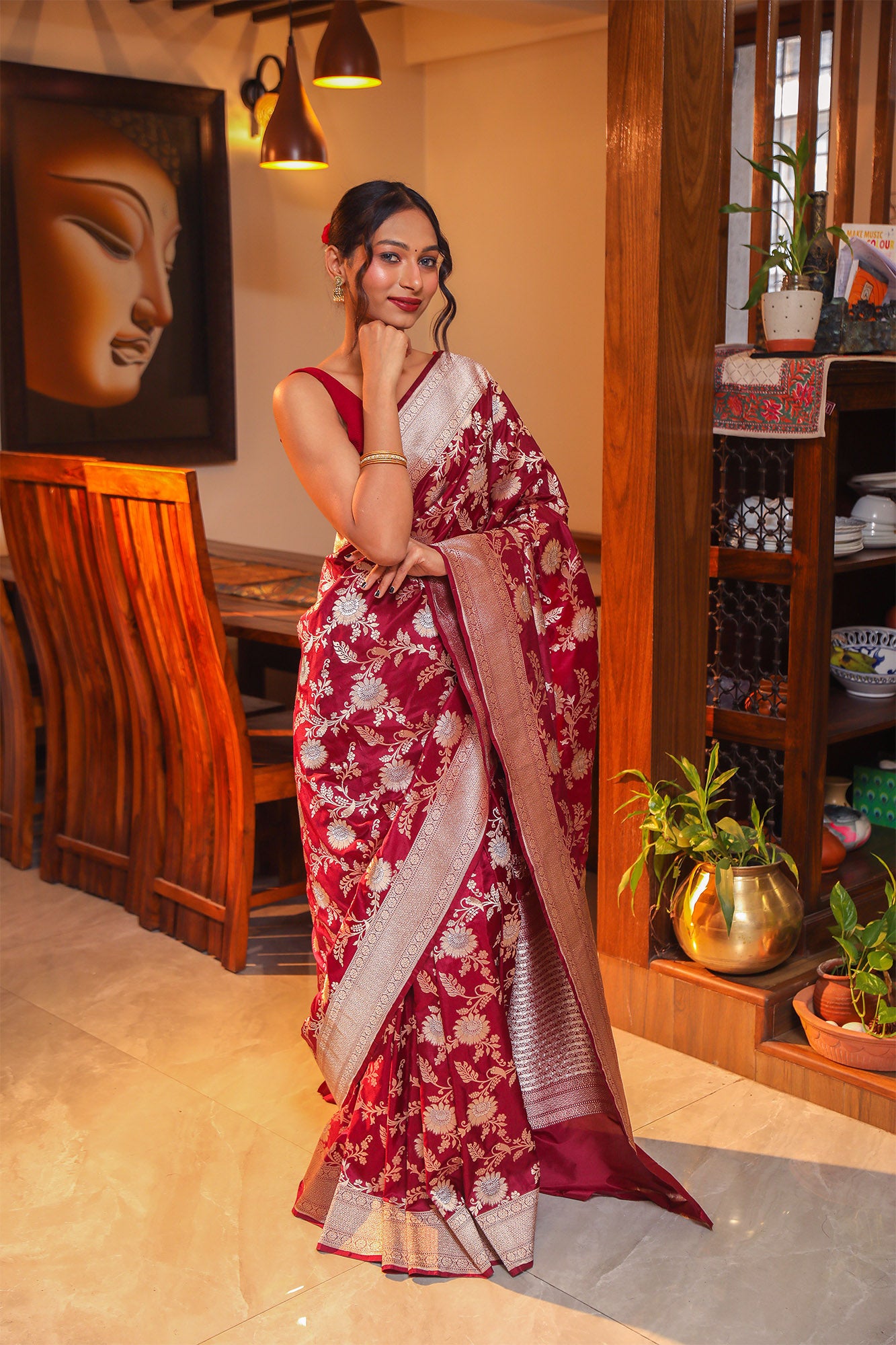 Burnt Maroon Katan Banarasi Silk Saree