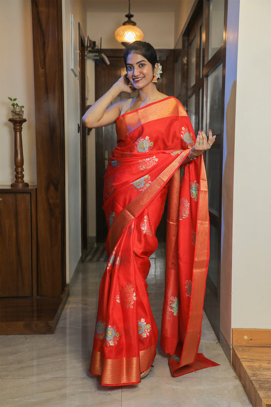 Saffron Organza Silk Saree