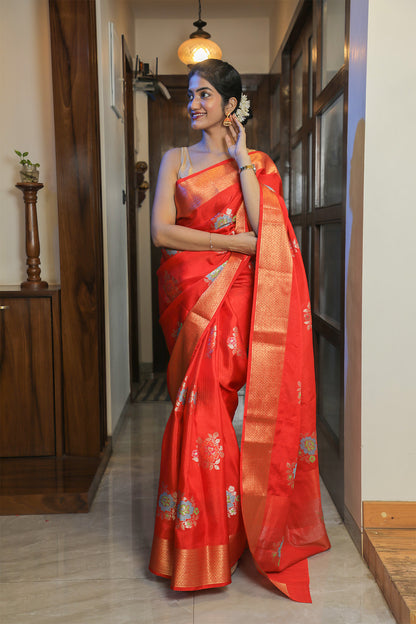 Saffron Organza Silk Saree