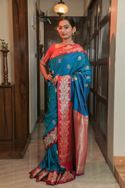 Blue and Pink Mulberry Silk Saree