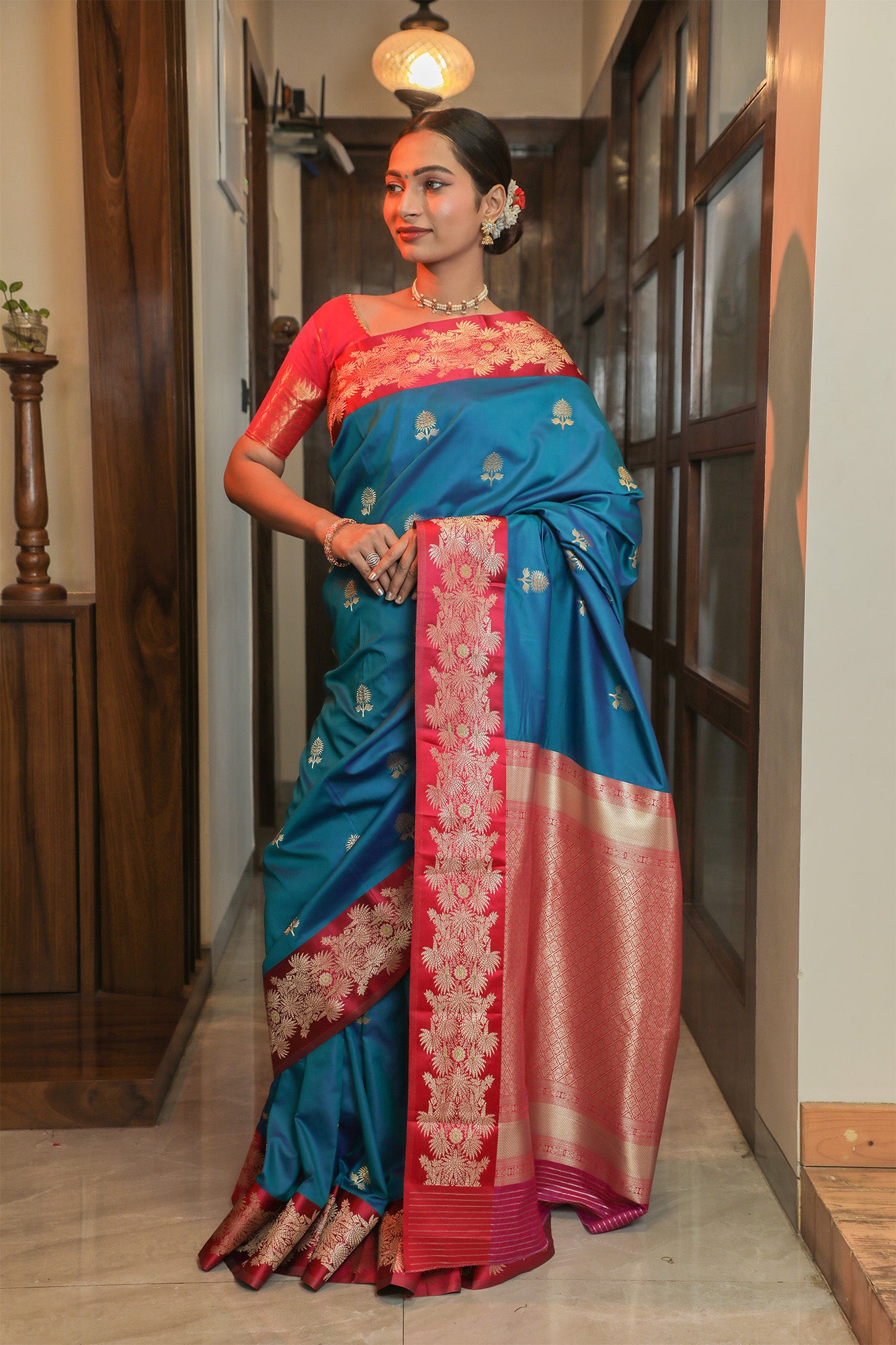 Blue and Pink Mulberry Silk Saree