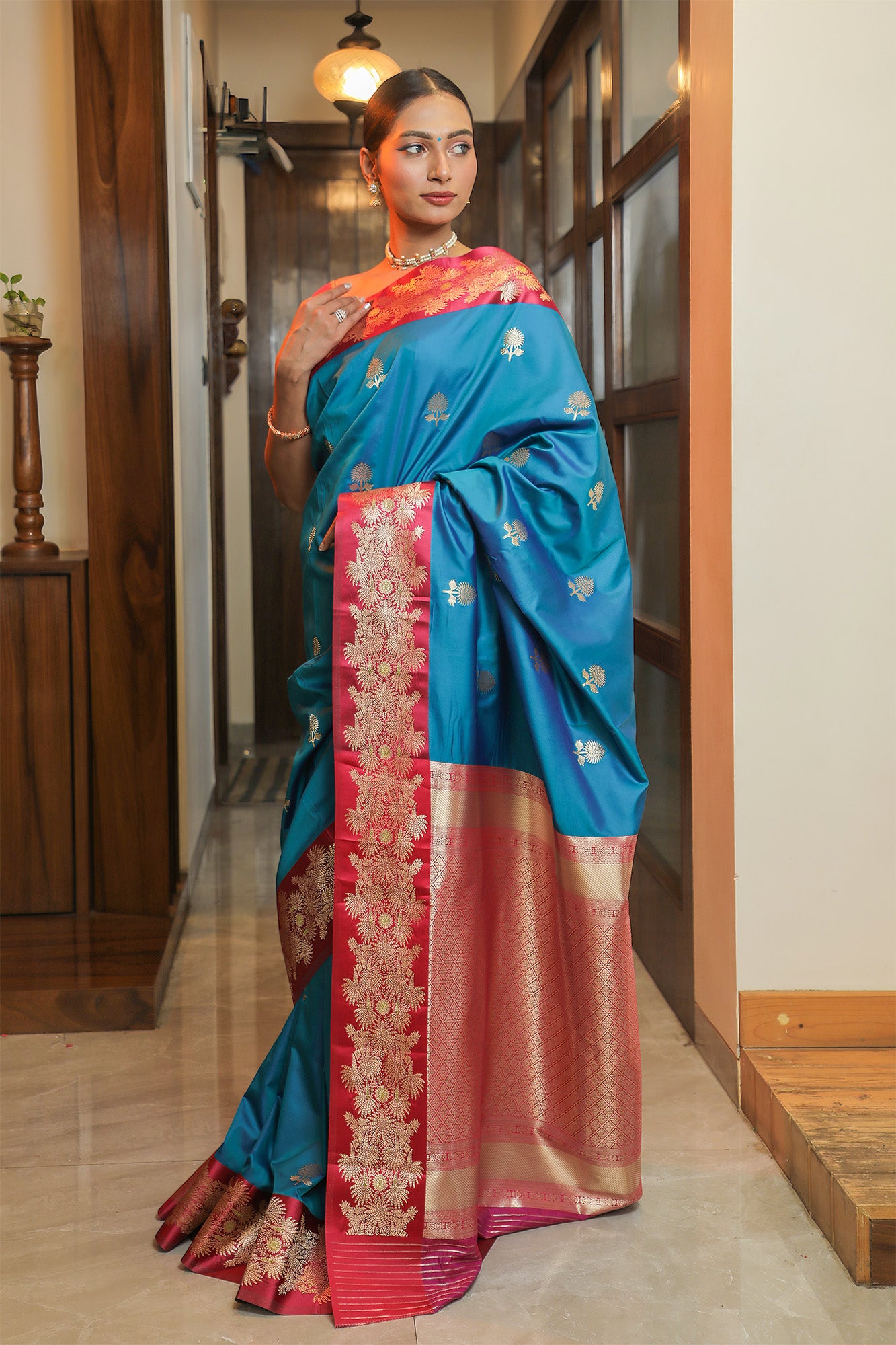 Blue and Pink Mulberry Silk Saree